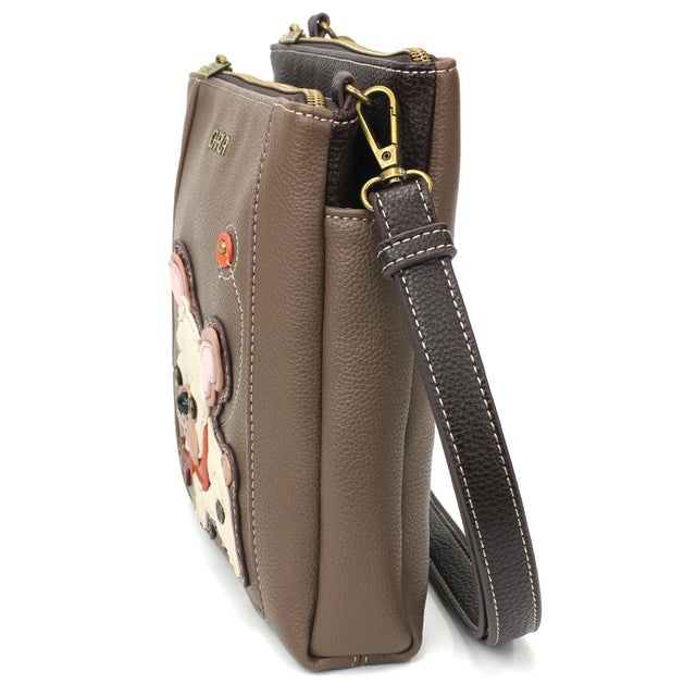  Brown Chala Merry Messenger bag with French Bulldog design and RFID protection.