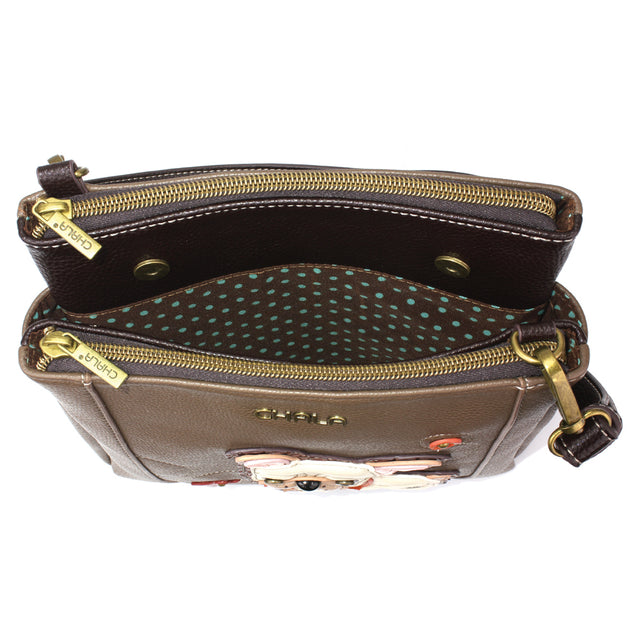  Brown Chala Merry Messenger bag with French Bulldog design and RFID protection.
