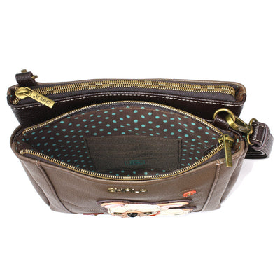  Brown Chala Merry Messenger bag with French Bulldog design and RFID protection.