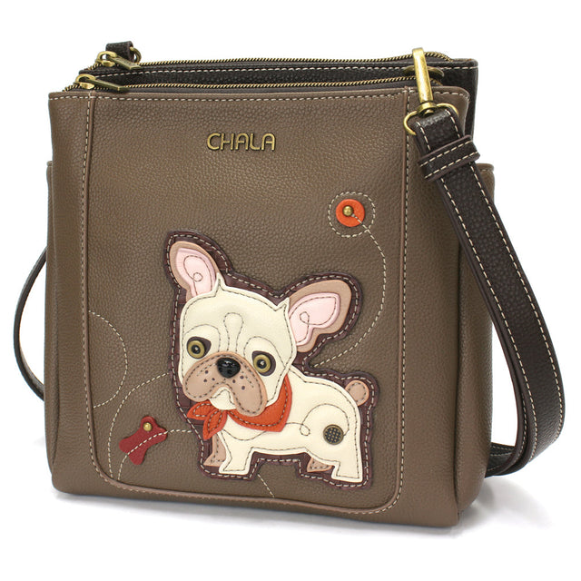  Brown Chala Merry Messenger bag with French Bulldog design and RFID protection.