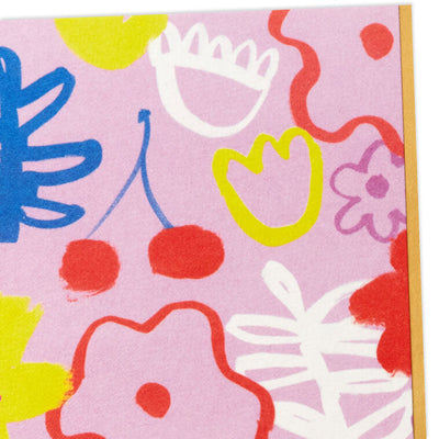 Mauve mini cards with colorful abstract floral designs and gold foil accents, paired with matching envelopes.
