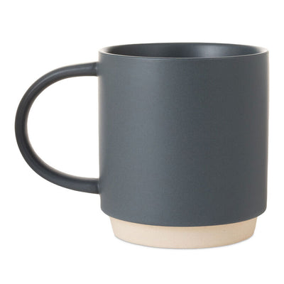 Blue-gray ceramic mug with white banner that reads “Parenting is tough. I blame kids,” oversized handle and stackable base.