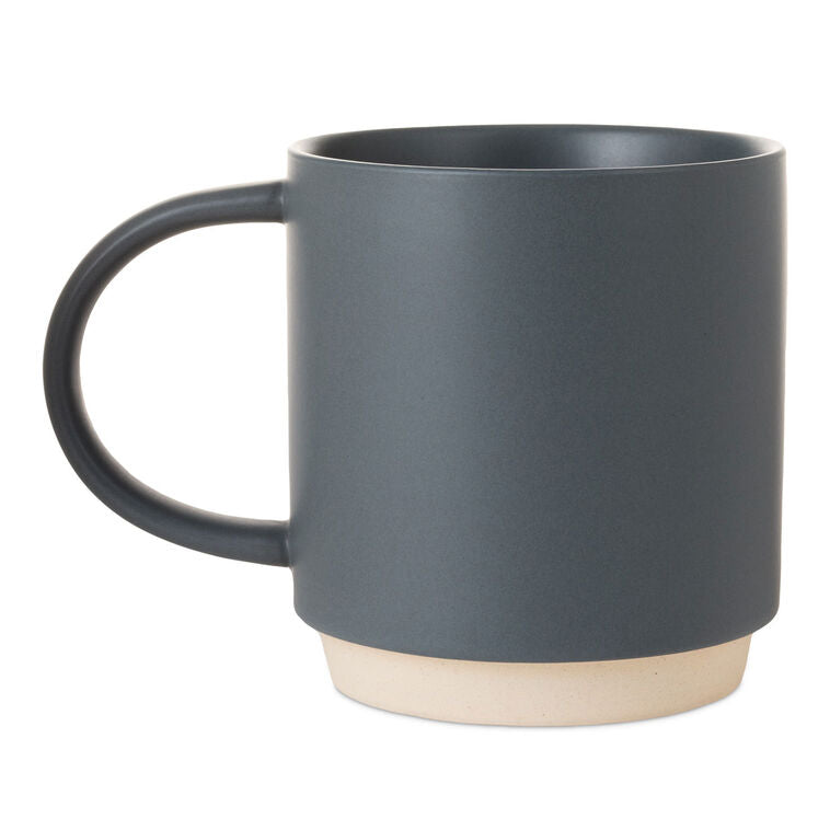 Blue-gray ceramic mug with white banner that reads “Parenting is tough. I blame kids,” oversized handle and stackable base.