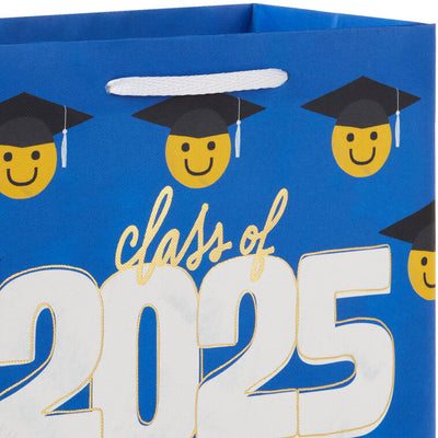 Medium blue graduation gift bag with Class of 2025 and rows of smiley faces in grad caps, Hallmark, gold foil accents, 9.6 inch size
