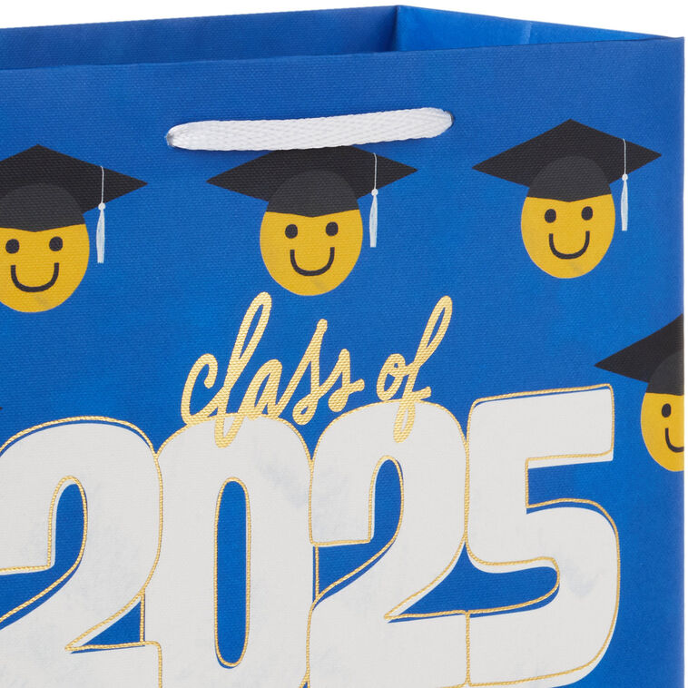 Medium blue graduation gift bag with Class of 2025 and rows of smiley faces in grad caps, Hallmark, gold foil accents, 9.6 inch size
