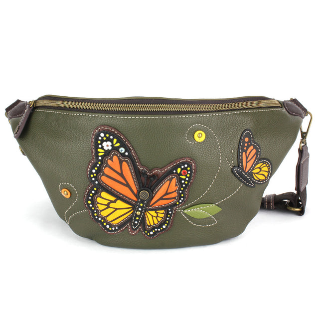 Chala olive green fanny pack with Monarch butterfly design and RFID protection.