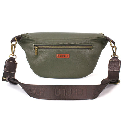 Chala olive green fanny pack with Monarch butterfly design and RFID protection.