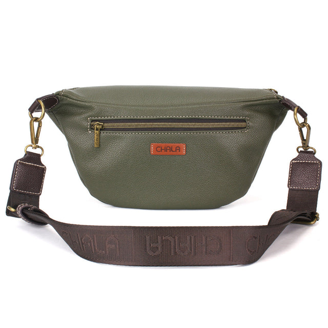 Chala olive green fanny pack with Monarch butterfly design and RFID protection.