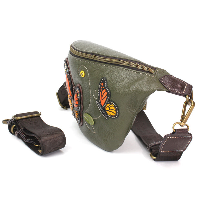Chala olive green fanny pack with Monarch butterfly design and RFID protection.