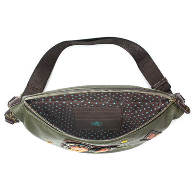Chala olive green fanny pack with Monarch butterfly design and RFID protection.