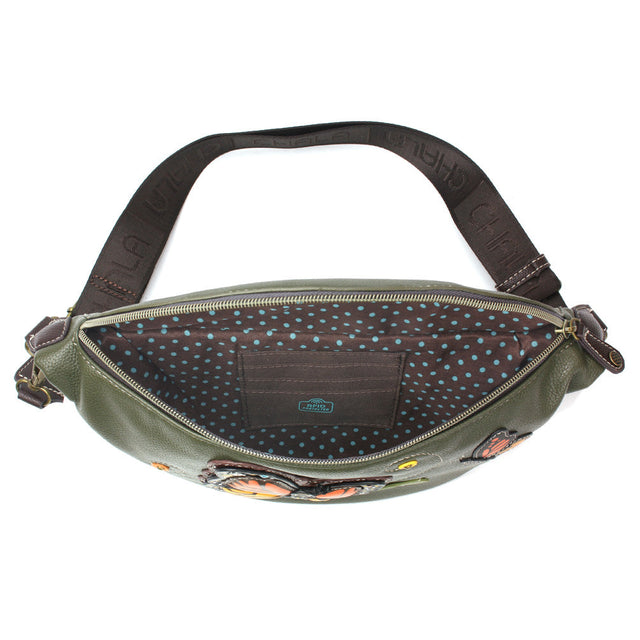 Chala olive green fanny pack with Monarch butterfly design and RFID protection.