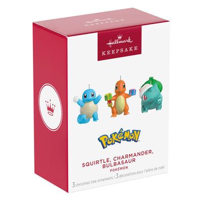 Hallmark Keepsake Mini Pokémon ornaments set—Squirtle, Charmander, Bulbasaur in holiday outfits, with gifts, snowball, and stocking cap, set of three