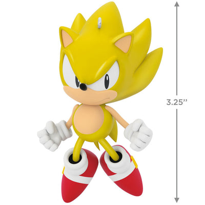 Super Sonic ornament, bright yellow Sonic the Hedgehog in Super State, Hallmark Keepsake, Christmas video game decoration, Chaos Emerald power.