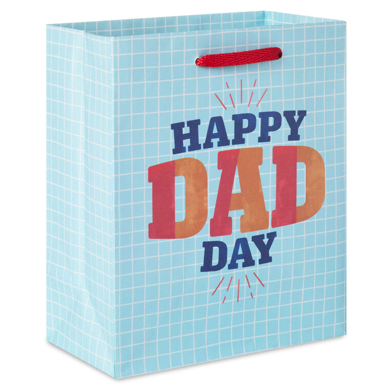 Light blue small gift bag with white grid pattern and bold &