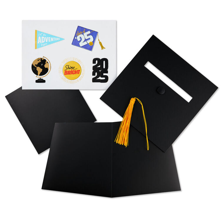 Mortarboard-shaped graduation card holder box with a gold tassel and 2025 stickers for personalizing, perfect for collecting cards and well wishes at a grad party.

