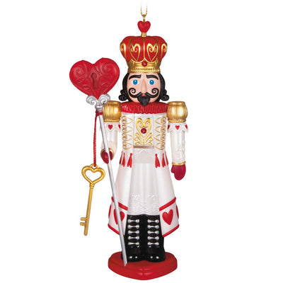 Hallmark Keepsake Noble Nutcrackers King of Hearts ornament—regal nutcracker in red, white, gold, heart designs, crown, key, heart locket, lever back