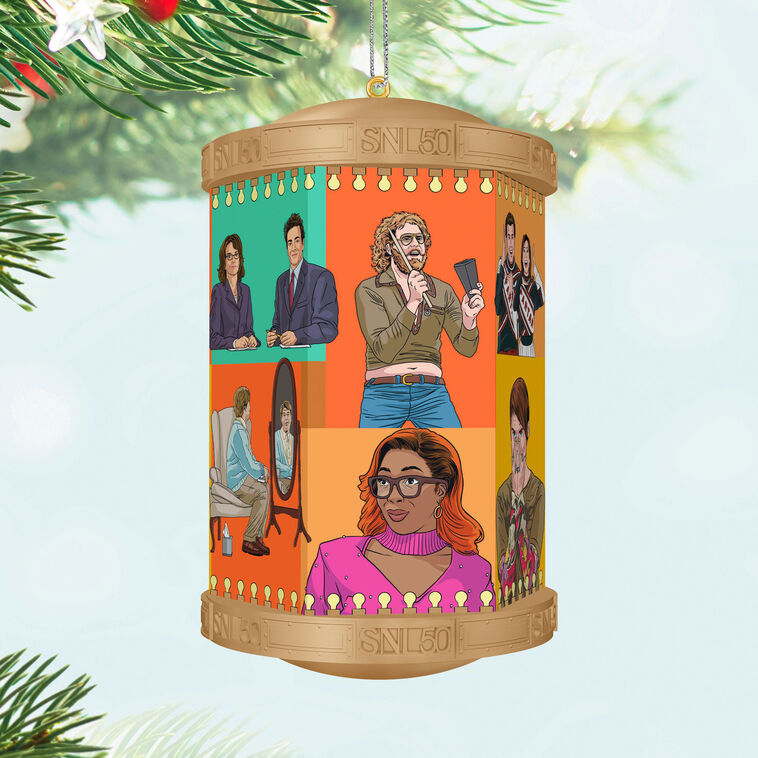 SNL ornament, vintage lantern shape, colorful cast illustrations, Hallmark Keepsake, sound feature, 50th anniversary, Christmas tree decoration.