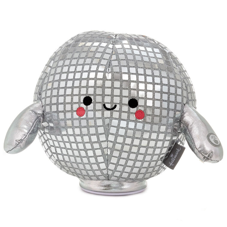 Smiling plush disco ball with silver sequins and arms, spins and plays &