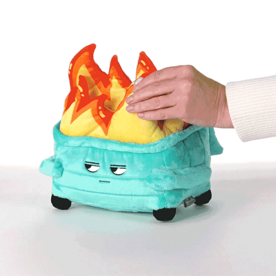 Dumpster fire plush toy with animated spinning motion, plays 'I Will Survive' by Gloria Gaynor.

