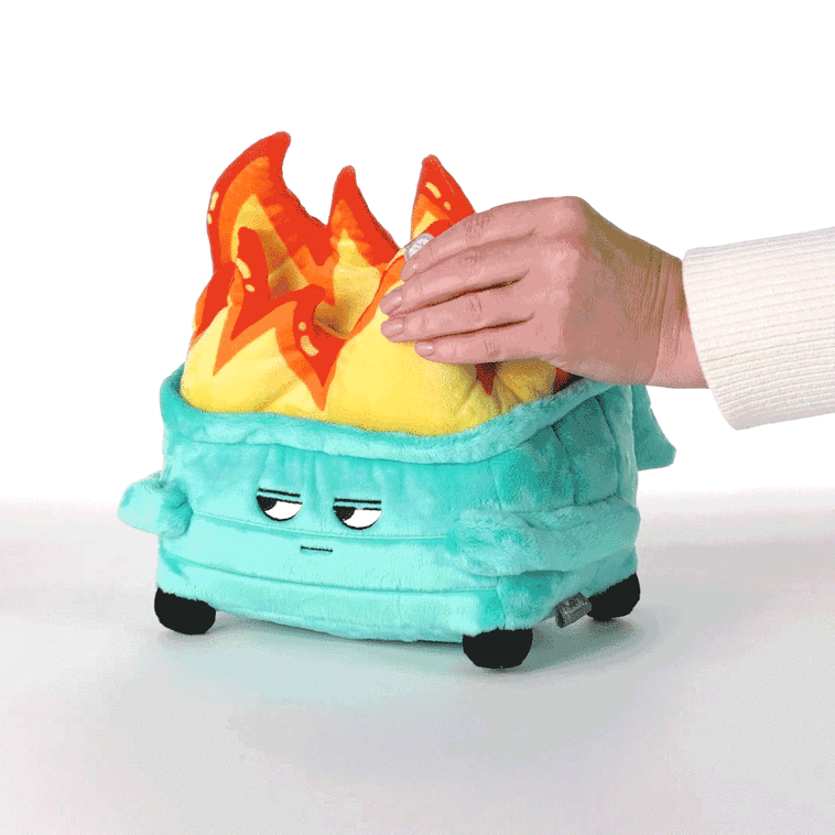 Dumpster fire plush toy with animated spinning motion, plays &