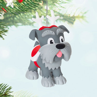 Mini gray schnauzer ornament with reindeer antlers and red blanket, Hallmark Keepsake Howliday Helpers Christmas dog collectible