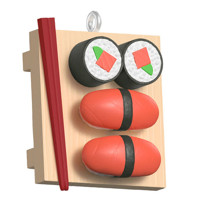 Mini sushi ornament with maki rolls, tuna nigiri, chopsticks on geta tray, Hallmark Keepsake food-themed Christmas collectible