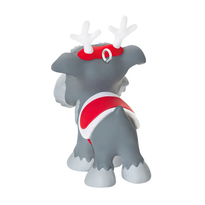 Mini gray schnauzer ornament with reindeer antlers and red blanket, Hallmark Keepsake Howliday Helpers Christmas dog collectible