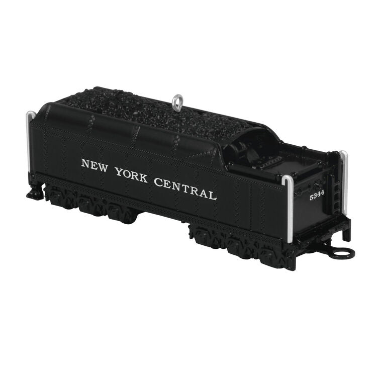 Hallmark Keepsake Lionel New York Central Vanderbilt Tender ornament, black die-cast metal train coal car with turning wheels and NY Central markings.