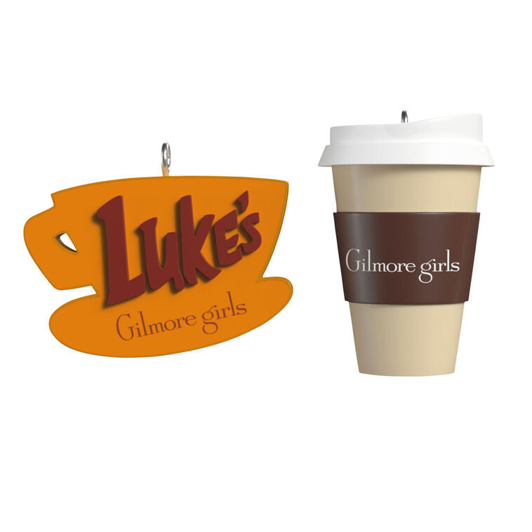 Set of three Gilmore Girls mini ornaments: Luke’s Diner mug, travel coffee cup, and No Cell Phones sign, Hallmark Keepsake collectible