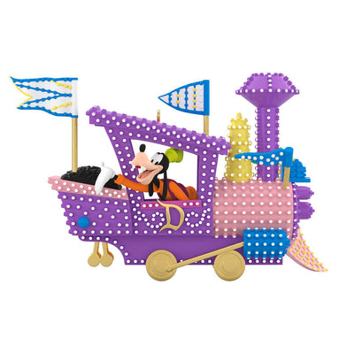 Hallmark Keepsake Disney Electrical Parade ornament featuring Mickey Mouse driving a purple train float with colorful lights and flags.