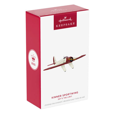 Mini Kinner Sportwing airplane ornament, creamy white with brown accents, spinning propeller, Hallmark Keepsake aviation collectible
