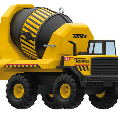 Hallmark Keepsake Hasbro Tonka Mighty Cement Mixer ornament, yellow and black truck with turning drum, inspired by classic construction toy.