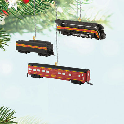 Hallmark Keepsake Mini Lionel Norfolk and Western Passenger Set ornaments—black steam engine, tender car, and red/yellow passenger car, set of three
