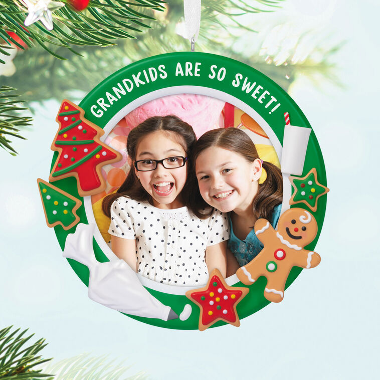 Photo frame ornament with cookies, milk, and frosting bag, celebrating grandkids with festive Christmas design


