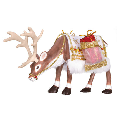 Hallmark Keepsake ornament of a regal reindeer with a festive saddle blanket, faux fur, gold trim, and a present, 2025 Keepsake Premiere.