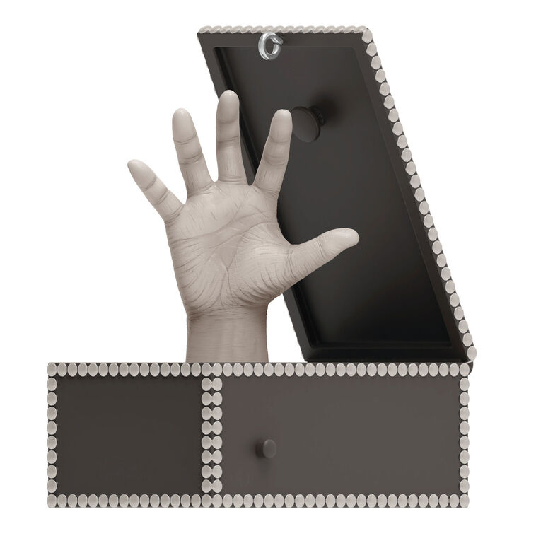 Musical ornament of Thing hand in box from The Addams Family TV show, plays theme song when button is pressed