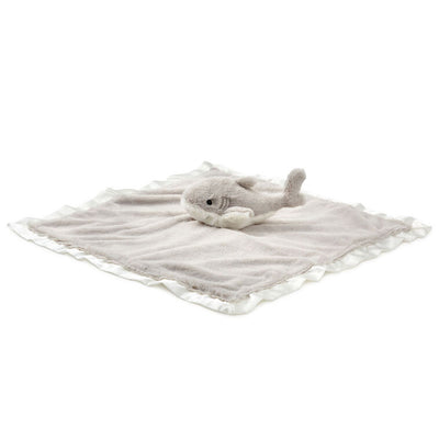 Gray and white shark lovey blanket with plush fabric, satin trim, and embroidered details—perfect for snuggling babies
