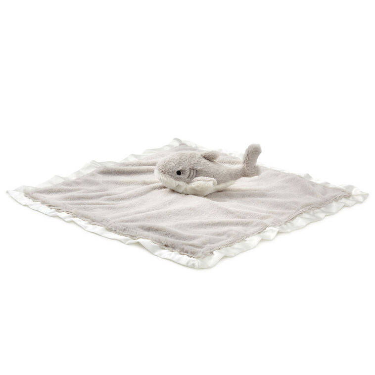 Gray and white shark lovey blanket with plush fabric, satin trim, and embroidered details—perfect for snuggling babies