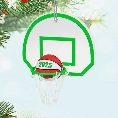 2025 basketball ornament with neon green hoop and net, showing a ball dropping into the goal for sporty holiday decor.