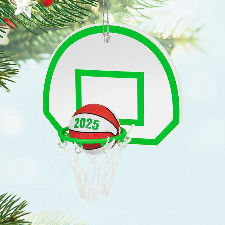 2025 basketball ornament with neon green hoop and net, showing a ball dropping into the goal for sporty holiday decor.