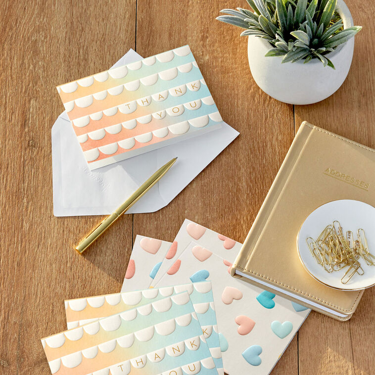 Hallmark blank thank you notes boxed set with pastel hearts and scallops designs, embossed, pack of 50
