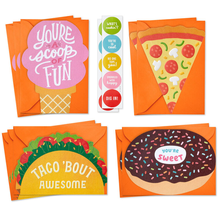 Hallmark blank notes set with taco, pizza, donut, and ice cream die-cut cards, matching stickers, pack of 10