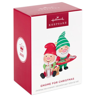 Hallmark Keepsake Gnome for Christmas ornament—two gnomes in red and green hats and overalls, with cookies for Santa and mug of milk, festive scene