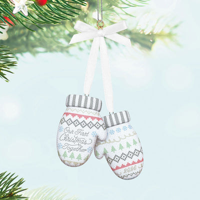 Porcelain Christmas ornament with pair of colorful knit mittens and “Our First Christmas Together 2025” message

