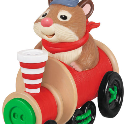 Hallmark Keepsake Cute as a Button ornament—hamster on red train engine with spools of thread, black button wheels, striped smokestack made of buttons
