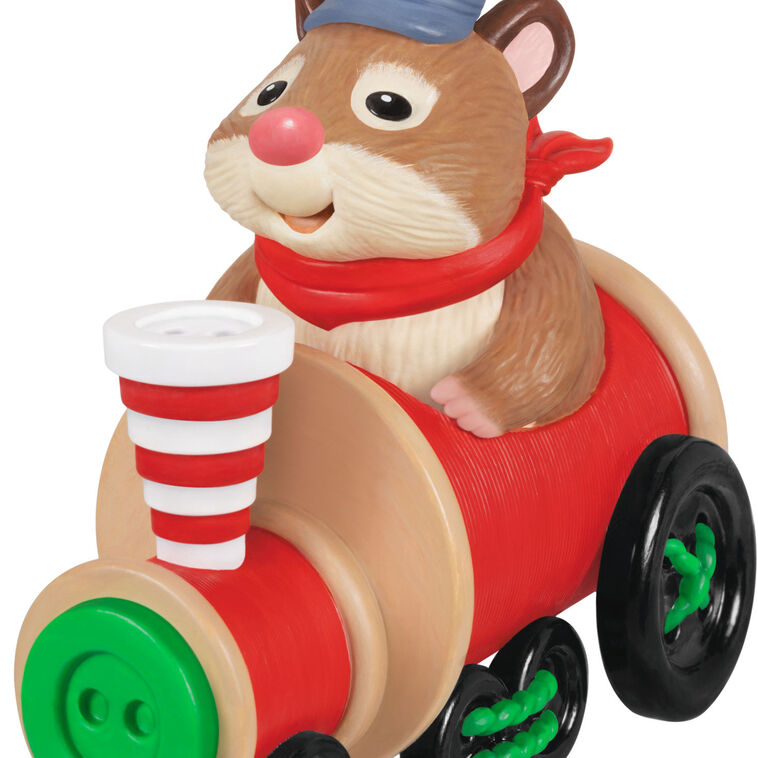 Hallmark Keepsake Cute as a Button ornament—hamster on red train engine with spools of thread, black button wheels, striped smokestack made of buttons
