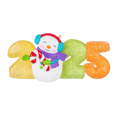 Hallmark Keepsake Sweet Decade 2025 ornament—snowman in purple scarf and blue earmuffs with candy cane, surrounded by glittery gumdrop “2025” numbers