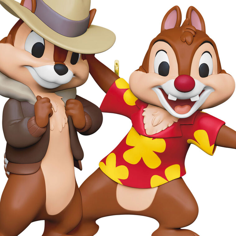 Chip and Dale Rescue Rangers ornament in detective outfits from Disney Afternoon cartoon, holiday collectible.

