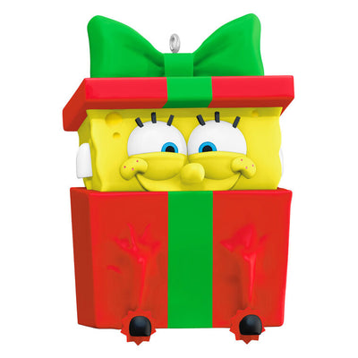 SpongeBob SquarePants ornament, yellow character in red gift box with green bow, Hallmark Keepsake, Christmas tree decoration.