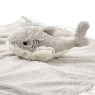 Gray and white shark lovey blanket with plush fabric, satin trim, and embroidered details—perfect for snuggling babies